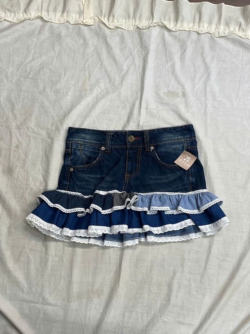 Chân váy jean đậm màu patchwork bèo ren xám navy